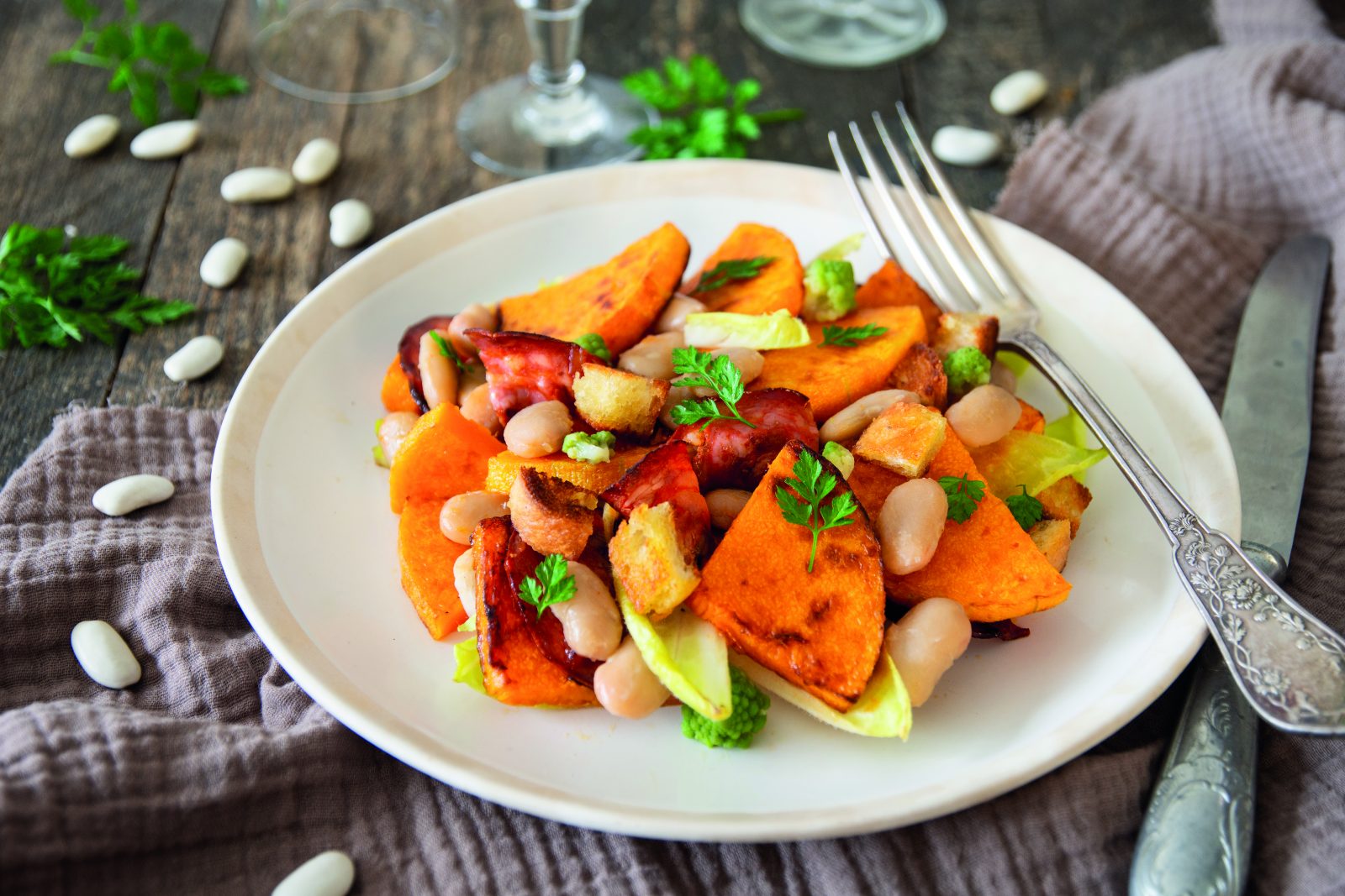 Salade chaud-froid butternut, Haricot Tarbais & chorizo